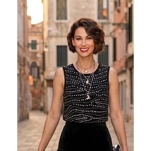 Vintage JAC Black Knit Tank Top Starburst Celestial Rhinestone Pearl Goth L Y2K